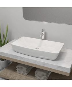 Lavello Bagno con Miscelatore in Ceramica Rettangolare Bianco