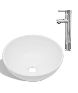 Lavello Bagno con Miscelatore in Ceramica Rotondo Bianco