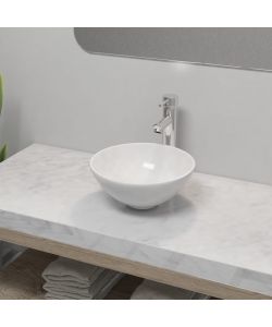 Lavello Bagno con Miscelatore in Ceramica Rotondo Bianco
