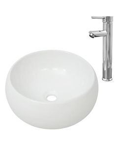 Lavello Bagno con Miscelatore in Ceramica Rotondo Bianco