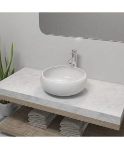 Lavello Bagno con Miscelatore in Ceramica Rotondo Bianco