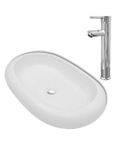 Lavello Bagno con Miscelatore in Ceramica Ovale Bianco
