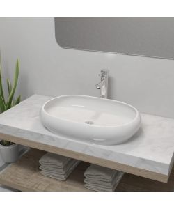 Lavello Bagno con Miscelatore in Ceramica Ovale Bianco