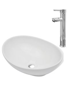 Lavello Bagno con Miscelatore in Ceramica Ovale Bianco