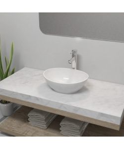 Lavello Bagno con Miscelatore in Ceramica Ovale Bianco