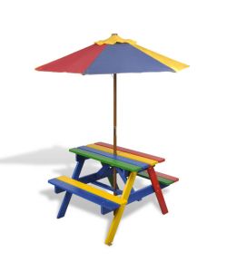 Tavolo e Panchine per Bambini con Parasole Legno Multicolore