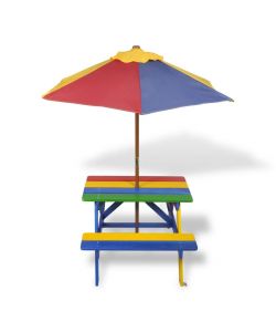 Tavolo e Panchine per Bambini con Parasole Legno Multicolore