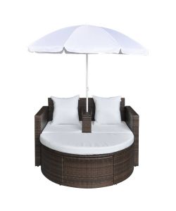 Lettino da Giardino con Ombrellone Marrone in Polyrattan