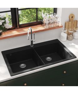 Lavandino Cucina Granito Nero Doppio con Montaggio Sopra