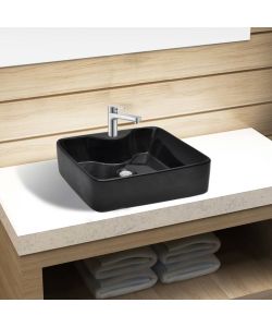 Lavandino Bagno in Ceramica Nera Quadrato con Foro per Rubinetto