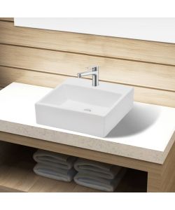 Lavandino Bagno in Ceramica Bianca Quadrato con Foro Rubinetto