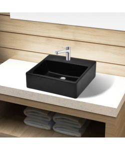 Lavandino Bagno in Ceramica Nera Quadrato con Foro per Rubinetto