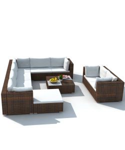 Set Divani da Giardino 10 pz con Cuscini in Polyrattan Marrone