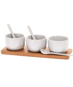 Vassoio Bamboo 21,5 x 7,5 cm con 3 Ciotole e Cucchiaini Bianchi