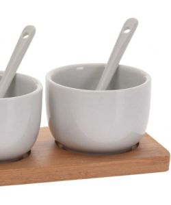 Vassoio Bamboo 21,5 x 7,5 cm con 3 Ciotole e Cucchiaini Bianchi