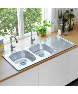 Lavello da Cucina Doppio con Filtro e Sifone in Acciaio Inox