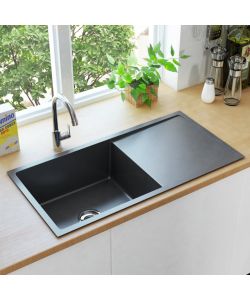 Lavello da Cucina Lavorato a Mano con Filtro Nero Acciaio Inox