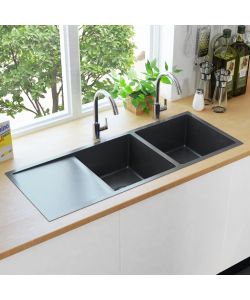 Lavello da Cucina Lavorato a Mano con Filtro Nero Acciaio Inox