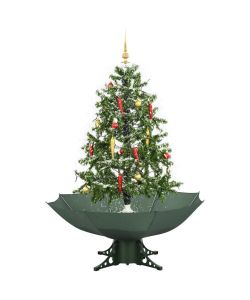 Albero di Natale con Neve e Base a Ombrellone Verde 140 cm