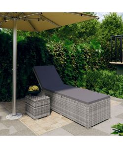 Lettino Prendisole con Cuscino e Tavolino in Polyrattan Grigio