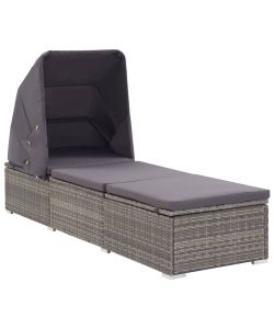 Lettino Prendisole con Tettuccio e Cuscino in Polyrattan Grigio