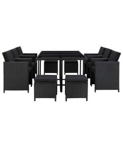 Set da Pranzo da Giardino 11 pz con Cuscini in Polyrattan Nero