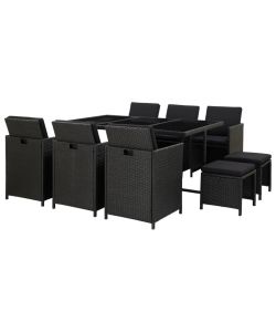 Set da Pranzo da Giardino 11 pz con Cuscini in Polyrattan Nero