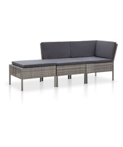 Set Divani da Giardino 3 pz con Cuscini in Polyrattan Grigio