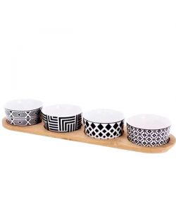 Vassoio Aperitivo in Bamboo con 4 Ciotole Decorate 38x10 cm