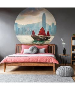 WallArt Cerchio Carta da Parati Skyline with Junk Boat 190 cm