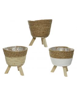 Porta vaso a cesta con gambe in legno