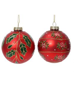 Decoris Pallina di Natale in Vetro Rosso con Decoro Agrifoglio - 8 cm