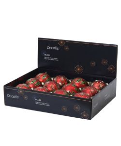 Decoris Pallina di Natale in Vetro Rosso con Decoro Agrifoglio - 8 cm