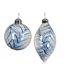 Decoris Sfera di Natale Vetro Trasparente con Decoro Foglia Blu - 8 cm