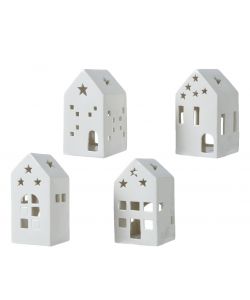 Set Portacandele Casetta di Natale in Porcellana Bianca - 4 pezzi