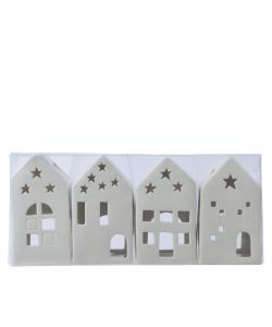 Set Portacandele Casetta di Natale in Porcellana Bianca - 4 pezzi