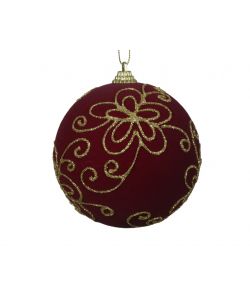 Decoris Pallina di Natale Velluto Bordeaux 10 cm Decorata Oro