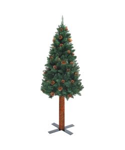 Albero di Natale Sottile con Legno Vero e Pigne Verde 150cm PVC