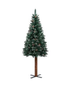 Albero di Natale Sottile Legno Vero Verde con Neve Bianca 150cm