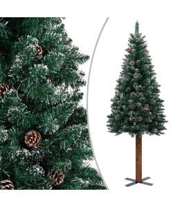 Albero di Natale Sottile Legno Vero Verde con Neve Bianca 150cm