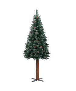 Albero di Natale Sottile Legno Vero Verde con Neve Bianca 180cm
