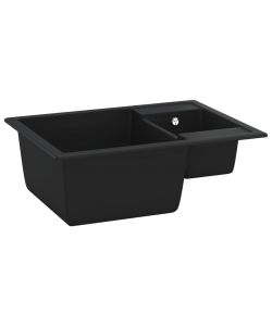 Lavello da Cucina Doppio con Foro Troppopieno Nero in Granito