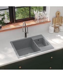 Lavello da Cucina Doppio con Foro Troppopieno Grigio in Granito