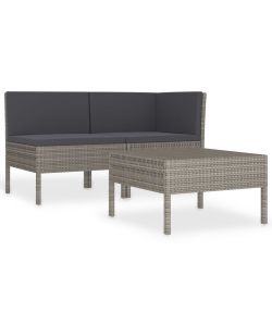 Set Divani da Giardino 3 pz con Cuscini in Polyrattan Grigio