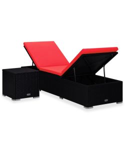 Lettino Prendisole con Cuscino e Tavolino in Polyrattan Rosso