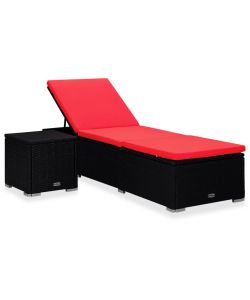 Lettino Prendisole con Cuscino e Tavolino in Polyrattan Rosso