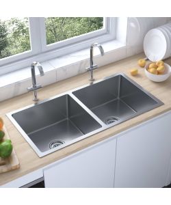 Lavello da Cucina 2 vasche in Acciaio Inox 86.5x44x20 cm