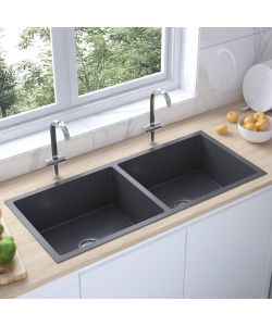 Lavello da Cucina 2 vasche Nero in Acciaio Inox 100x44x20 cm