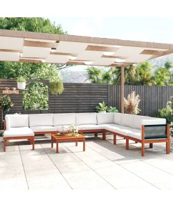 Set Divani da Giardino 9 pz con Cuscini Crema Massello Acacia