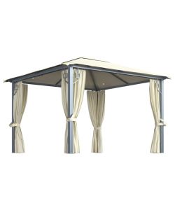 Gazebo con Tende Stringa di Luci LED 300x300 cm Crema Alluminio